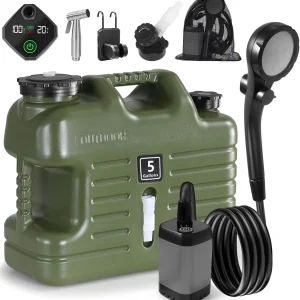 Portable Camping Shower with 5 Gallon Water Jug, 6000mAh Rechargeable Outdoor Camping Shower Kit, IPX7 Waterproof Pump BPA Free