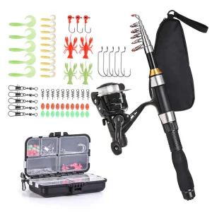US Fishing Rod Reel Combo Full Kit 1.5m Telescopic Fishing Rod Spinning Reel Set with Hook Soft Lures Barrel Swivels Storage Bag
