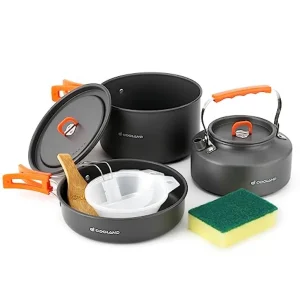 10pcs Camping Cookware Camping Pots and Pans Set with Kettle Plastic Bowls and Soup Spoon for Camping, Backpacking, Hiking