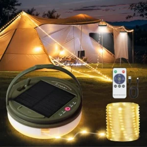 Solar Camping String Lights, 39.4FT Portable Waterproof Camping Light with 8 Lighting Modes, Solar Powered and USB Rechargeable