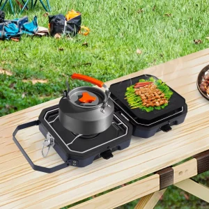 2 Burners Portable Camping Gas Stove 2.3+2.3KW Non-stick Coating Stainless Steel Folding Outdoor BBQ Cooking Stove for Camping Picnic