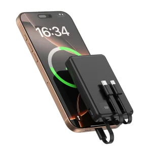 Mini Slim 10000mAh Portable Power Bank, Built-in LED Digital Display, 1 USB-A Port ; 3 Integrated Cables, Small Lightweight Design, Multi-Device Simultaneous Charging for Travel, Camping and Emergency, Compatible with Android Phones and Tablets