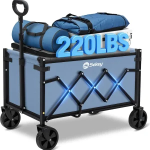 Heavy Duty Wagon Cart with 220LBS Capacity, Foldable Utility Wagon for Grocery Shopping Garden Camping